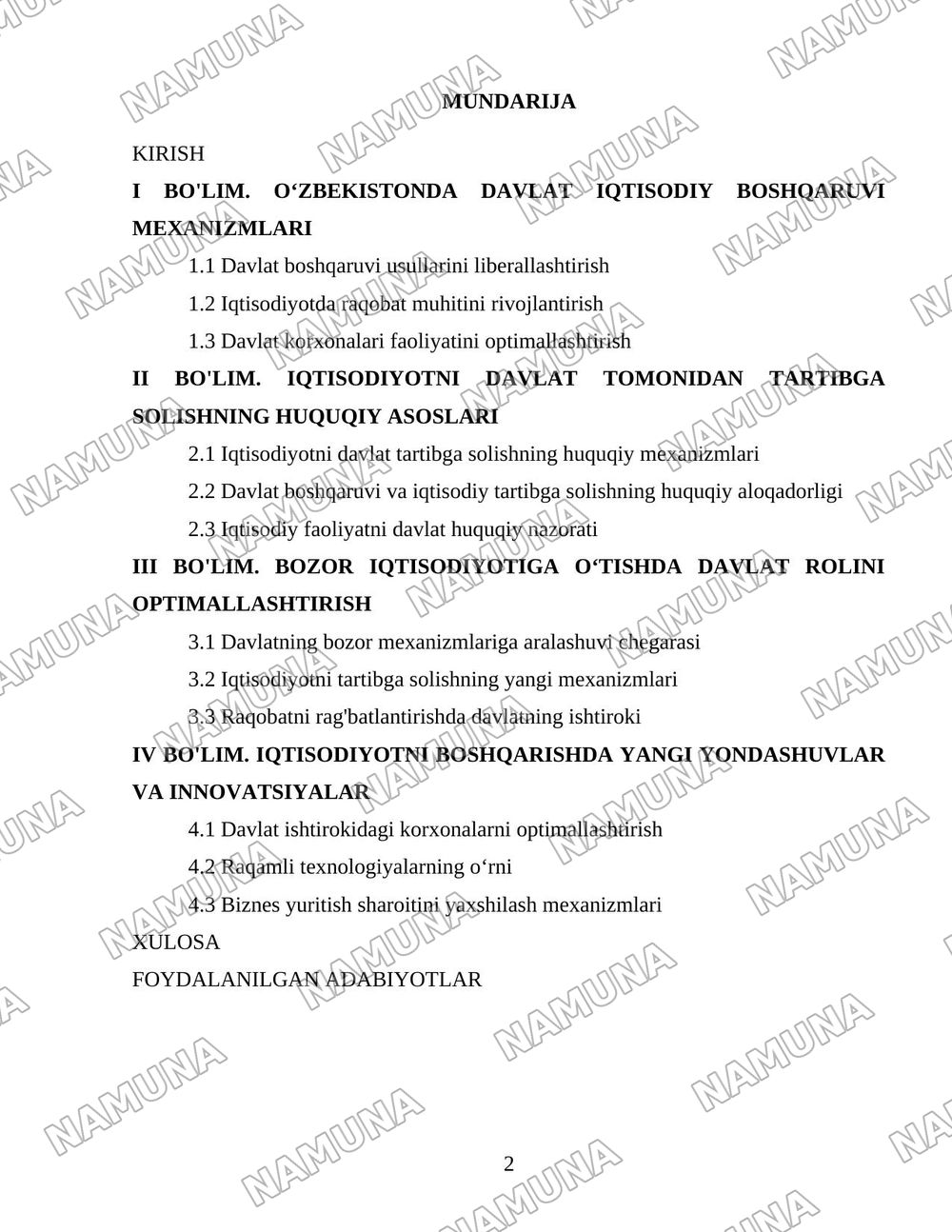 O‘zbekistonda iqtisodiyotni davlat tomonidan boshqarish va tartibga solish tizimini yanada takomillashtirish yo‘llari — 2-varaq