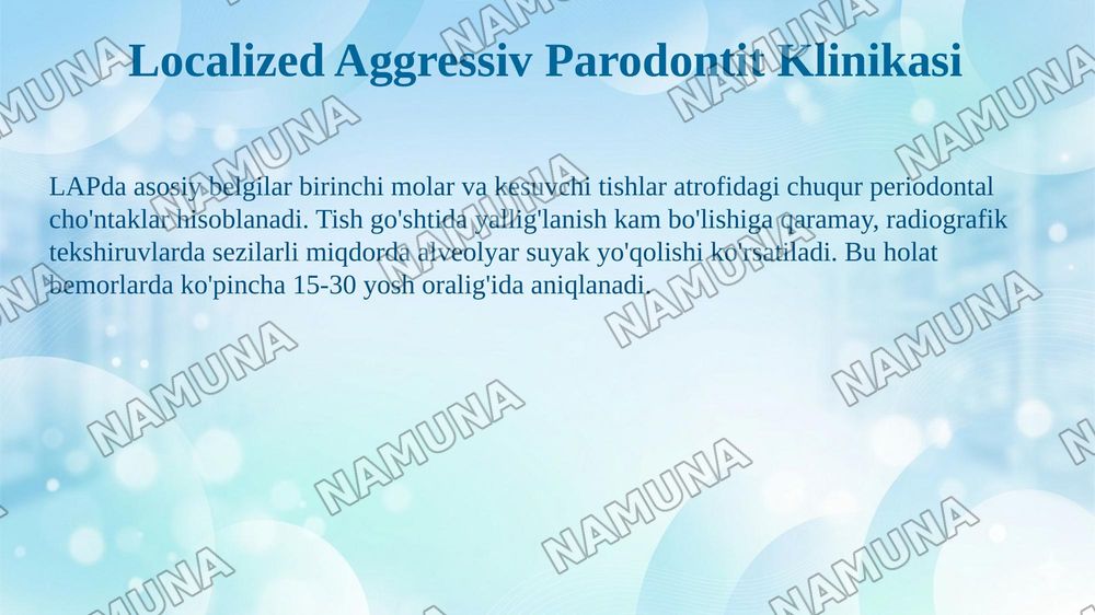 4. P aro d o n t k asallik larin in g ag ressiv shakllari. K lin ik asi, qiyosiy tash x isi, d av o lash , pro filak tik a. Id io p a tik k asallik lar - P ap iy o n - L efev ra, X en d -K risch — 6-slayd
