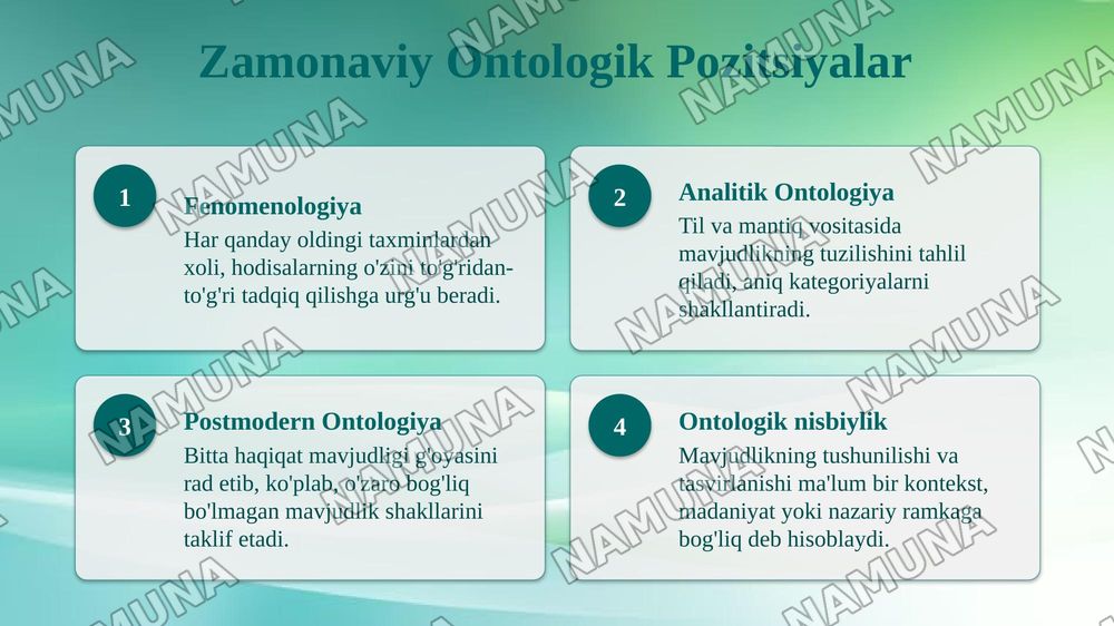 Mavjudlik nazariyalari ontologiyasi va tahlili — 7-slayd