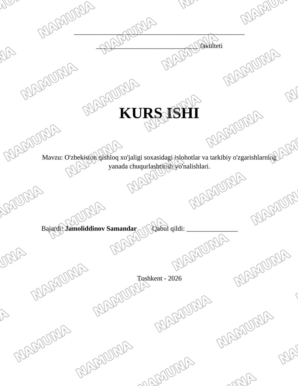 O'zbekiston qishloq xo'jaligi soxasidagi islohotlar va tarkibiy o'zgarishlarning yanada chuqurlashtirish yo'nalishlari. — 1-varaq
