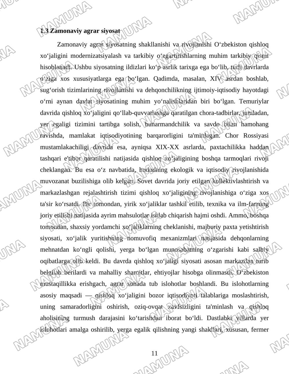 O'zbekiston qishloq xo'jaligi soxasidagi islohotlar va tarkibiy o'zgarishlarning yanada chuqurlashtirish yo'nalishlari. — 11-varaq