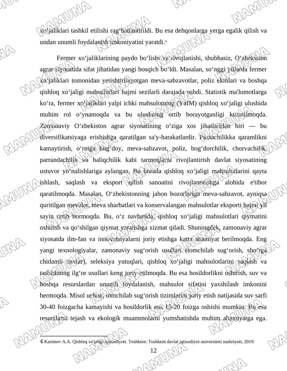 O'zbekiston qishloq xo'jaligi soxasidagi islohotlar va tarkibiy o'zgarishlarning yanada chuqurlashtirish yo'nalishlari. — 12-varaq