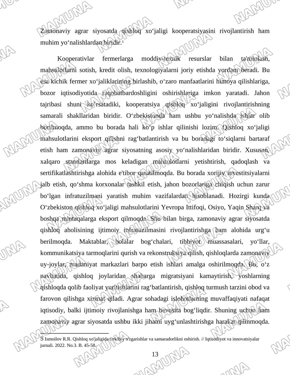 O'zbekiston qishloq xo'jaligi soxasidagi islohotlar va tarkibiy o'zgarishlarning yanada chuqurlashtirish yo'nalishlari. — 13-varaq
