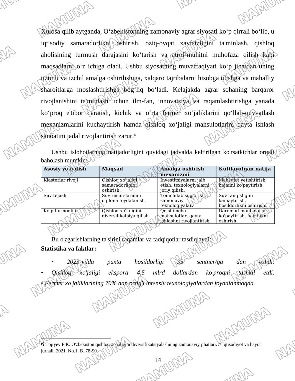 O'zbekiston qishloq xo'jaligi soxasidagi islohotlar va tarkibiy o'zgarishlarning yanada chuqurlashtirish yo'nalishlari. — 14-varaq