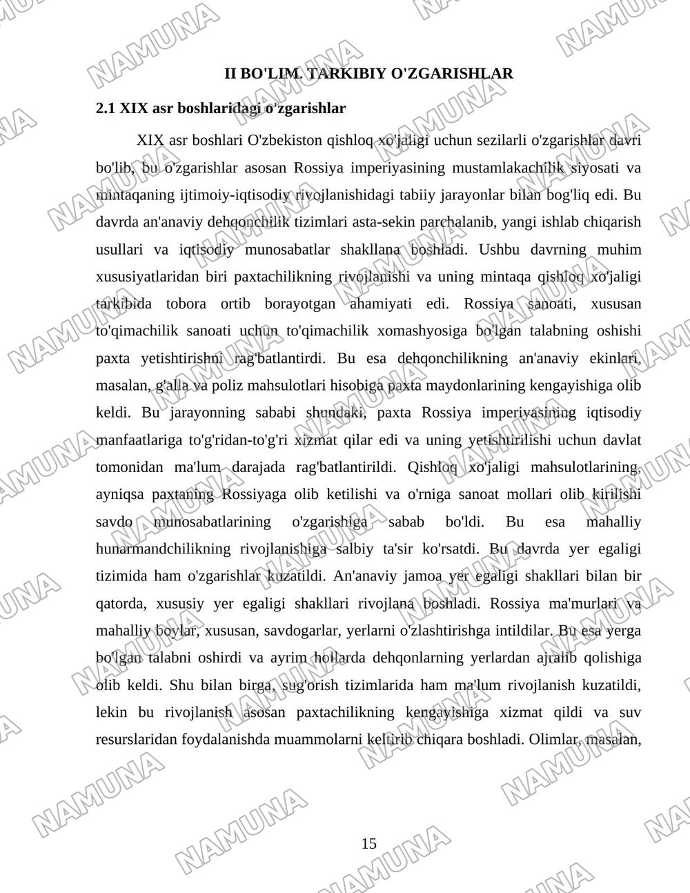 O'zbekiston qishloq xo'jaligi soxasidagi islohotlar va tarkibiy o'zgarishlarning yanada chuqurlashtirish yo'nalishlari. — 15-varaq