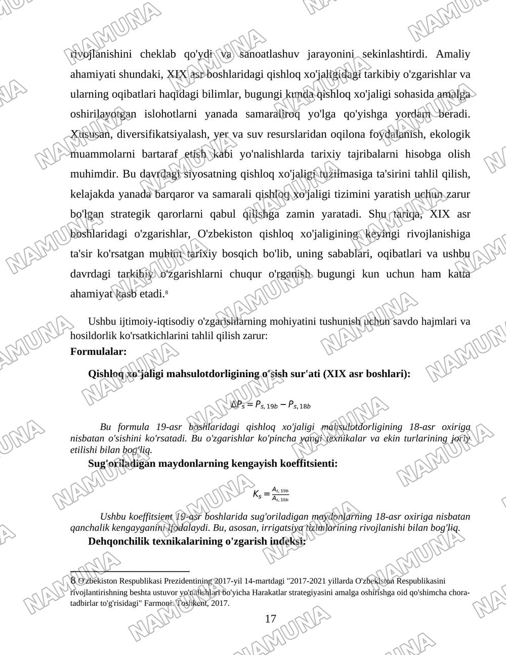 O'zbekiston qishloq xo'jaligi soxasidagi islohotlar va tarkibiy o'zgarishlarning yanada chuqurlashtirish yo'nalishlari. — 17-varaq
