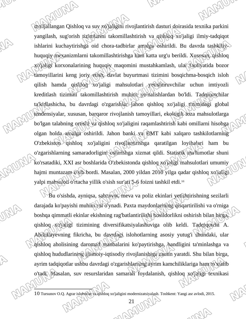 O'zbekiston qishloq xo'jaligi soxasidagi islohotlar va tarkibiy o'zgarishlarning yanada chuqurlashtirish yo'nalishlari. — 21-varaq