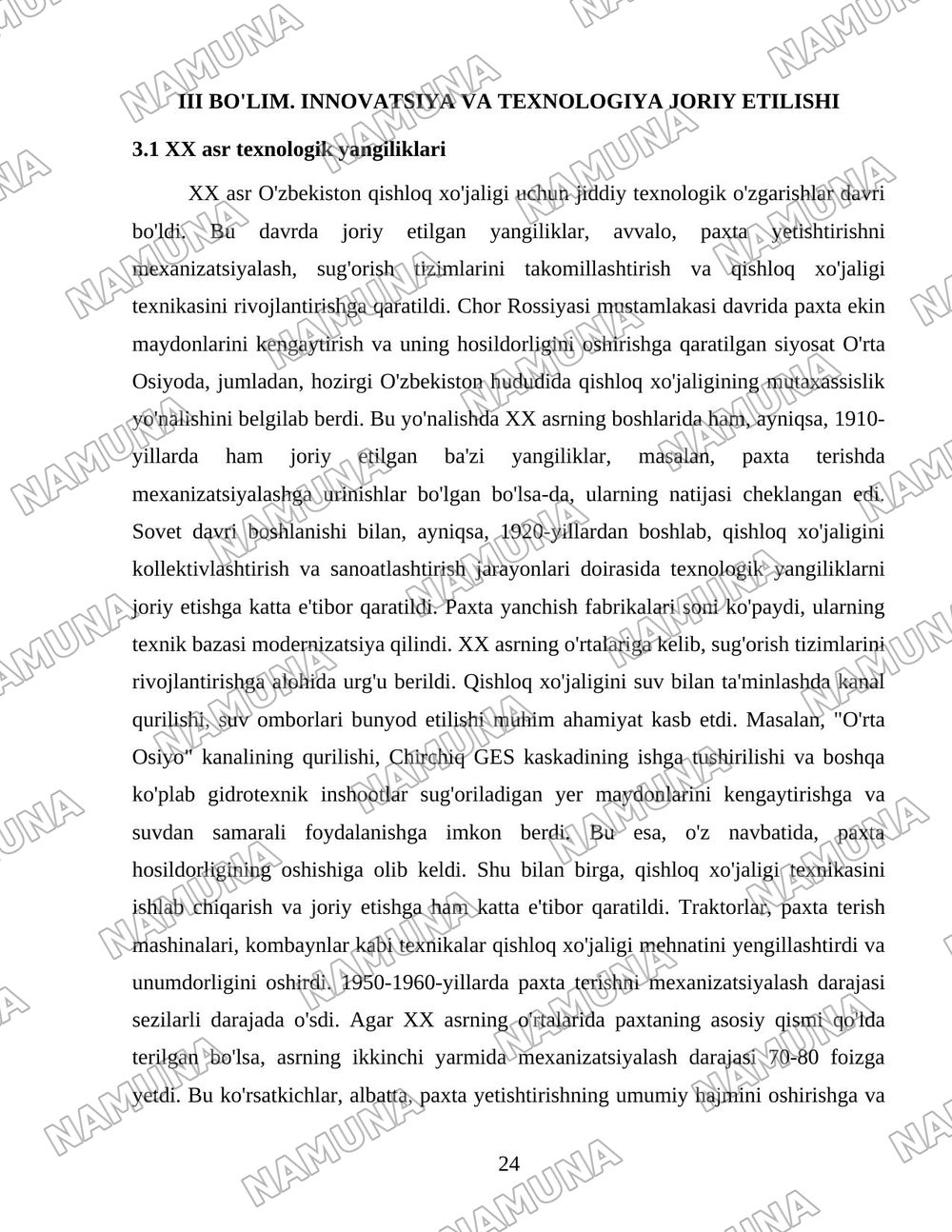 O'zbekiston qishloq xo'jaligi soxasidagi islohotlar va tarkibiy o'zgarishlarning yanada chuqurlashtirish yo'nalishlari. — 24-varaq