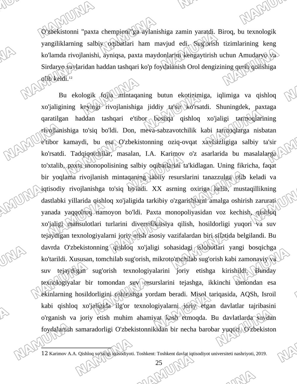 O'zbekiston qishloq xo'jaligi soxasidagi islohotlar va tarkibiy o'zgarishlarning yanada chuqurlashtirish yo'nalishlari. — 25-varaq