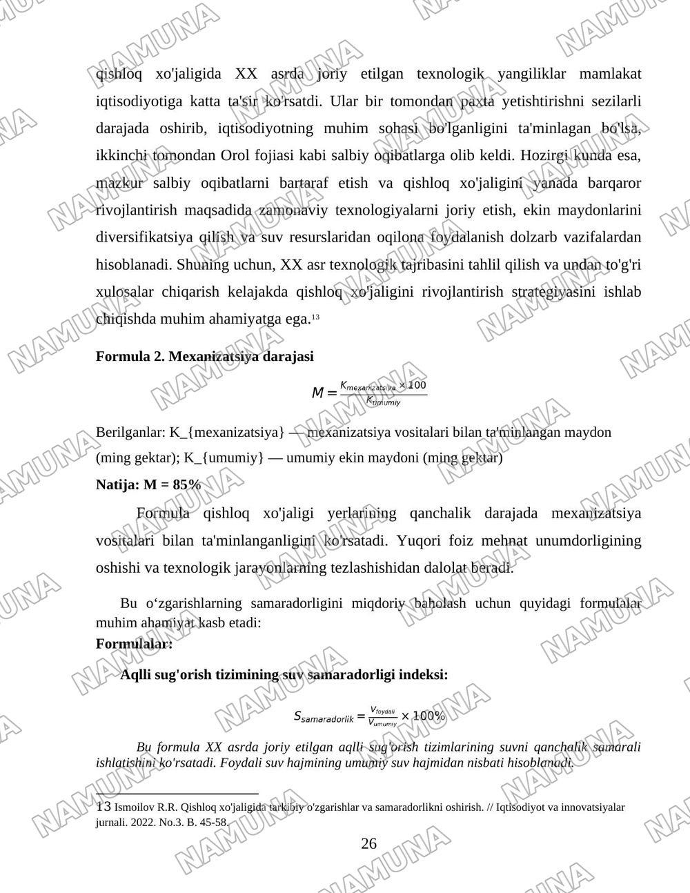 O'zbekiston qishloq xo'jaligi soxasidagi islohotlar va tarkibiy o'zgarishlarning yanada chuqurlashtirish yo'nalishlari. — 26-varaq