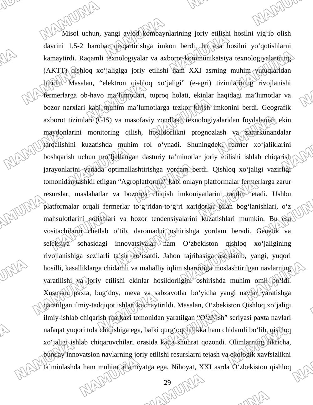 O'zbekiston qishloq xo'jaligi soxasidagi islohotlar va tarkibiy o'zgarishlarning yanada chuqurlashtirish yo'nalishlari. — 29-varaq