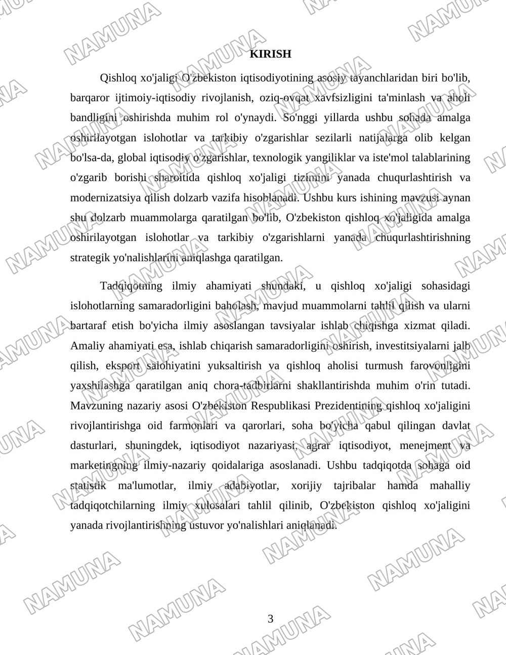 O'zbekiston qishloq xo'jaligi soxasidagi islohotlar va tarkibiy o'zgarishlarning yanada chuqurlashtirish yo'nalishlari. — 3-varaq