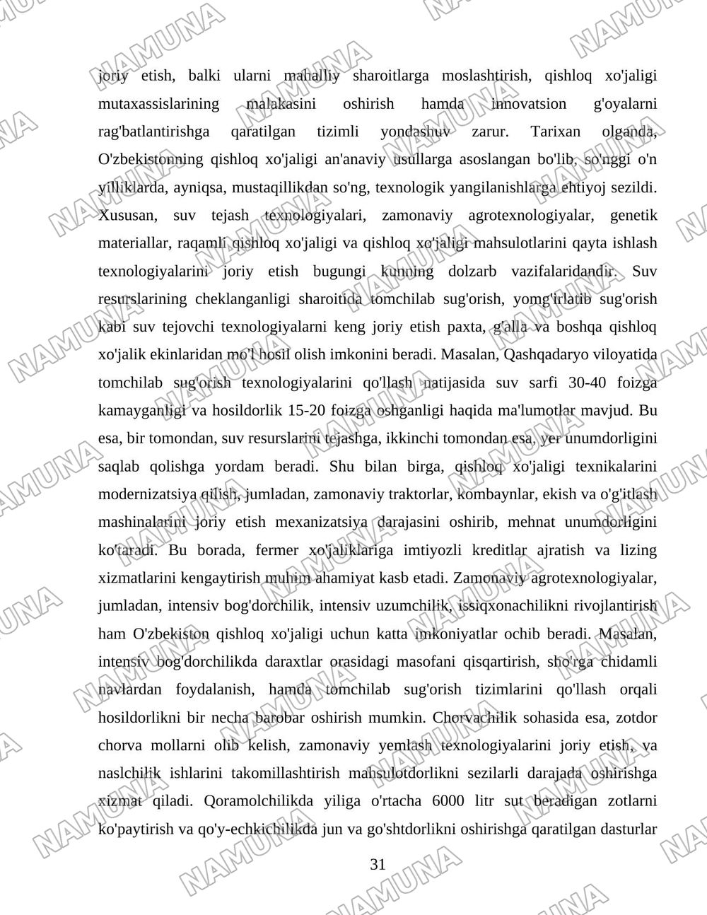 O'zbekiston qishloq xo'jaligi soxasidagi islohotlar va tarkibiy o'zgarishlarning yanada chuqurlashtirish yo'nalishlari. — 31-varaq