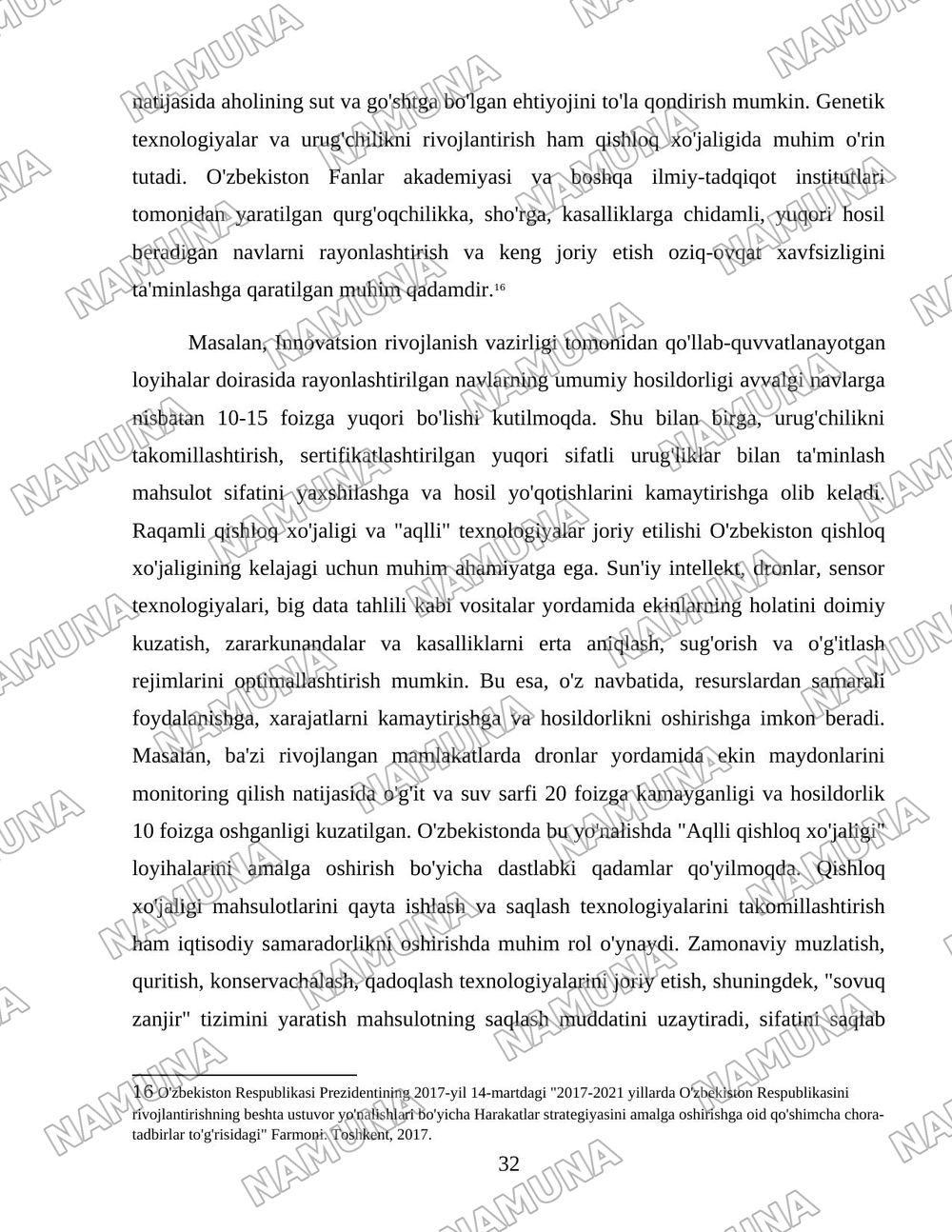 O'zbekiston qishloq xo'jaligi soxasidagi islohotlar va tarkibiy o'zgarishlarning yanada chuqurlashtirish yo'nalishlari. — 32-varaq