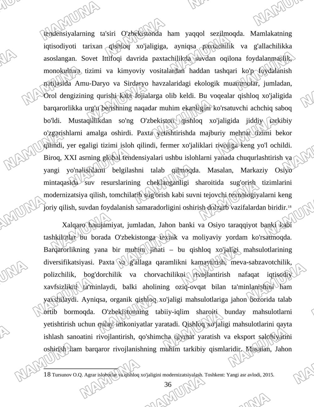 O'zbekiston qishloq xo'jaligi soxasidagi islohotlar va tarkibiy o'zgarishlarning yanada chuqurlashtirish yo'nalishlari. — 36-varaq