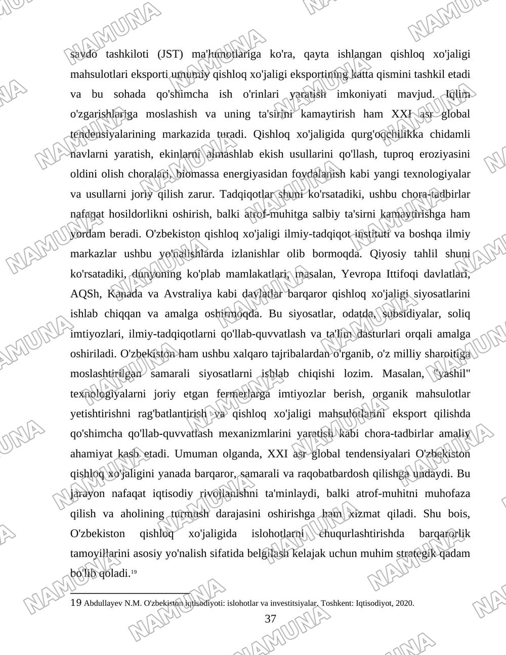 O'zbekiston qishloq xo'jaligi soxasidagi islohotlar va tarkibiy o'zgarishlarning yanada chuqurlashtirish yo'nalishlari. — 37-varaq