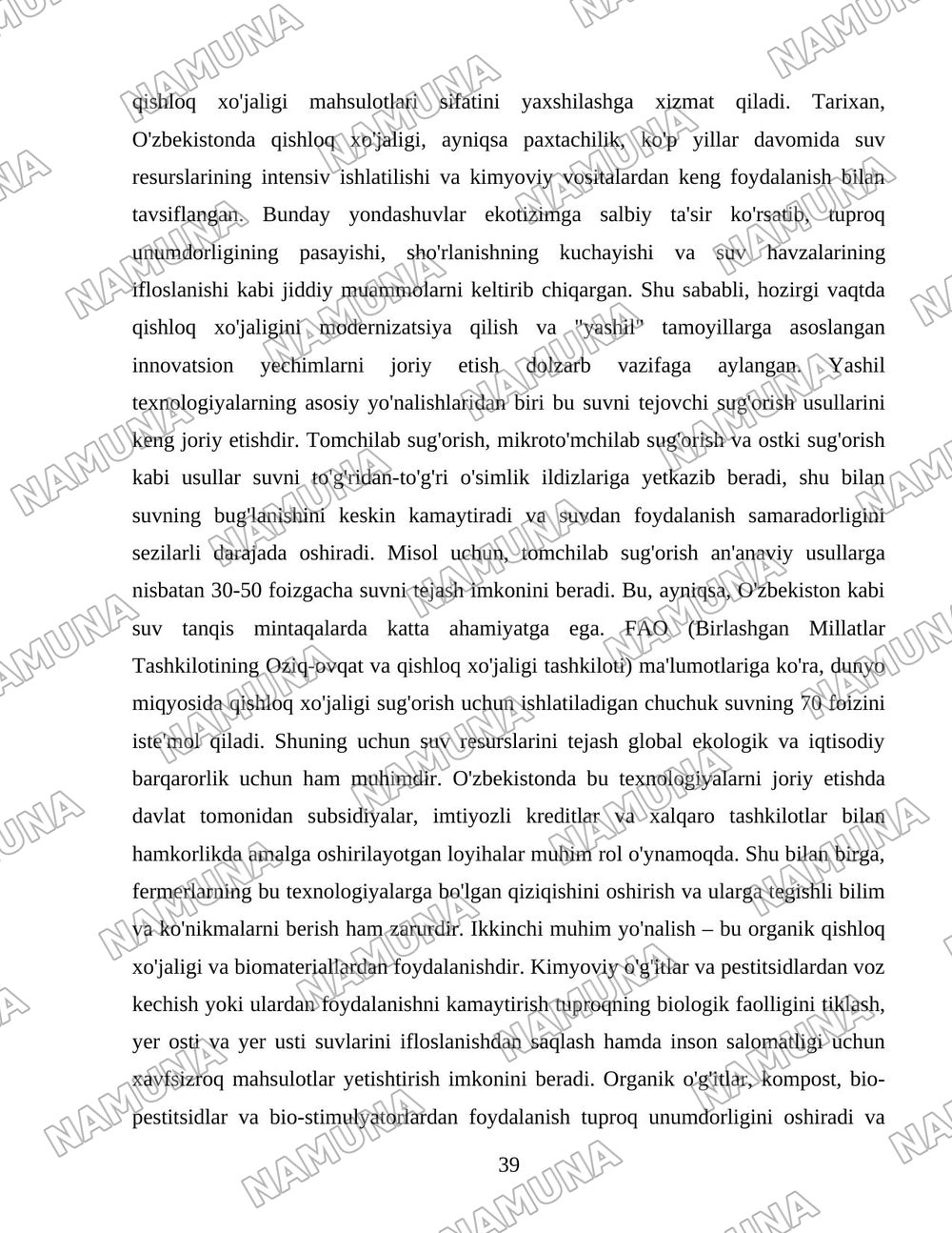 O'zbekiston qishloq xo'jaligi soxasidagi islohotlar va tarkibiy o'zgarishlarning yanada chuqurlashtirish yo'nalishlari. — 39-varaq