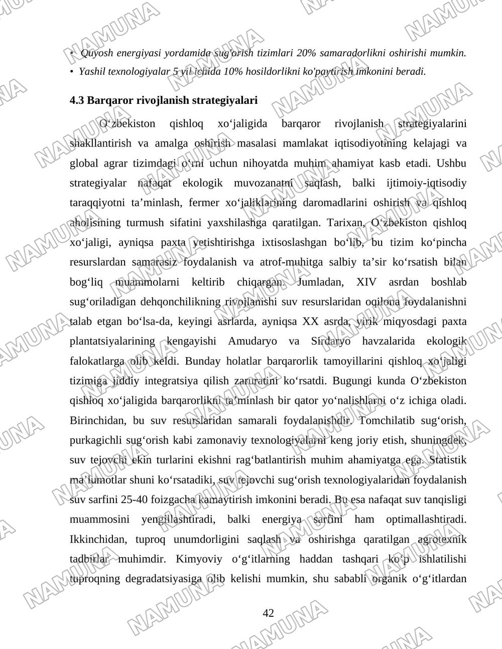 O'zbekiston qishloq xo'jaligi soxasidagi islohotlar va tarkibiy o'zgarishlarning yanada chuqurlashtirish yo'nalishlari. — 42-varaq