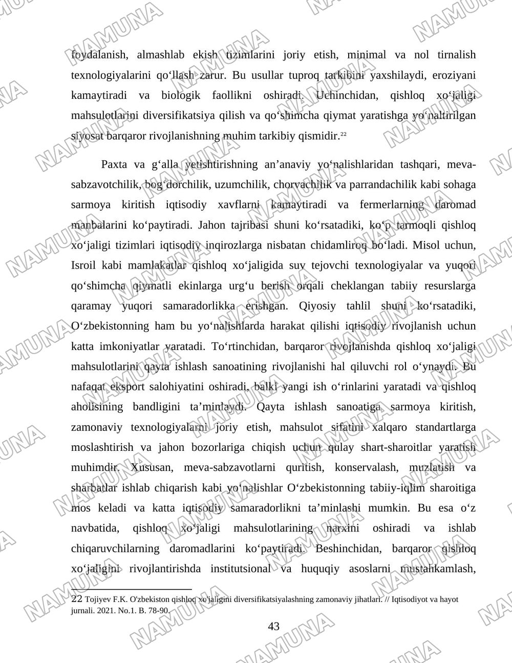 O'zbekiston qishloq xo'jaligi soxasidagi islohotlar va tarkibiy o'zgarishlarning yanada chuqurlashtirish yo'nalishlari. — 43-varaq