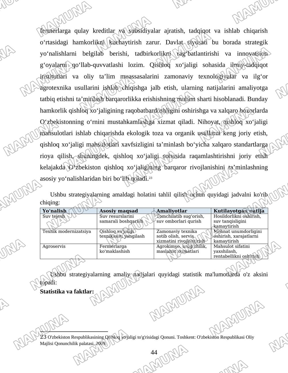 O'zbekiston qishloq xo'jaligi soxasidagi islohotlar va tarkibiy o'zgarishlarning yanada chuqurlashtirish yo'nalishlari. — 44-varaq