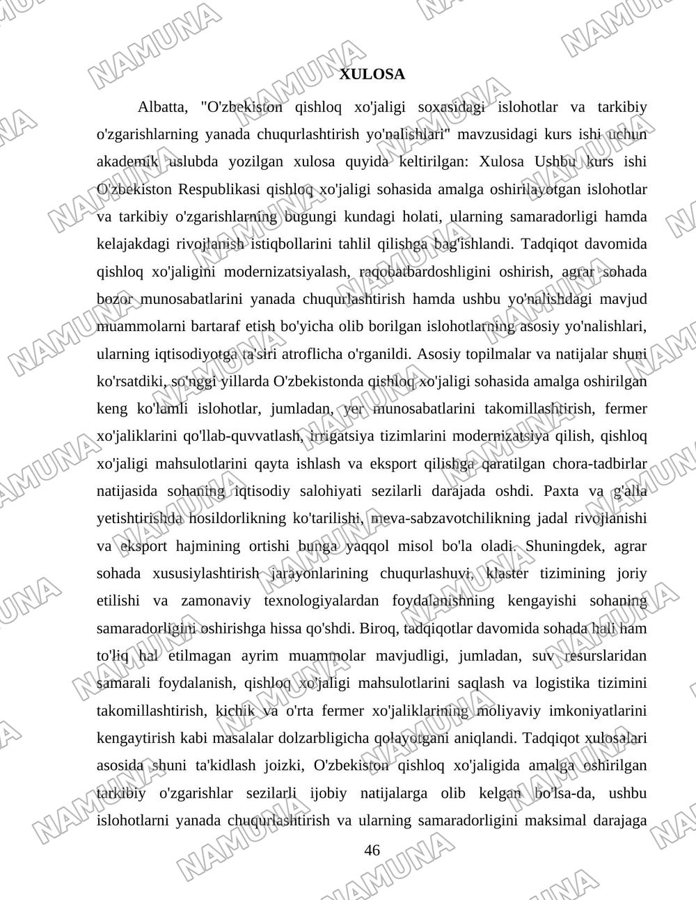 O'zbekiston qishloq xo'jaligi soxasidagi islohotlar va tarkibiy o'zgarishlarning yanada chuqurlashtirish yo'nalishlari. — 46-varaq