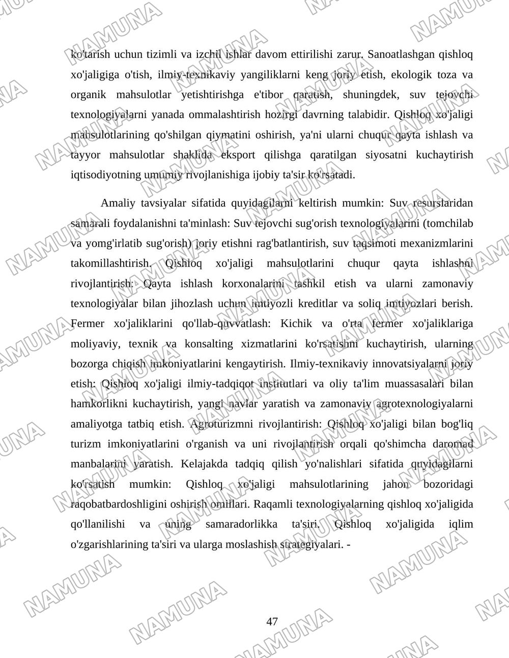 O'zbekiston qishloq xo'jaligi soxasidagi islohotlar va tarkibiy o'zgarishlarning yanada chuqurlashtirish yo'nalishlari. — 47-varaq