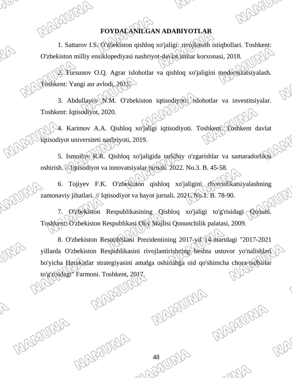 O'zbekiston qishloq xo'jaligi soxasidagi islohotlar va tarkibiy o'zgarishlarning yanada chuqurlashtirish yo'nalishlari. — 48-varaq