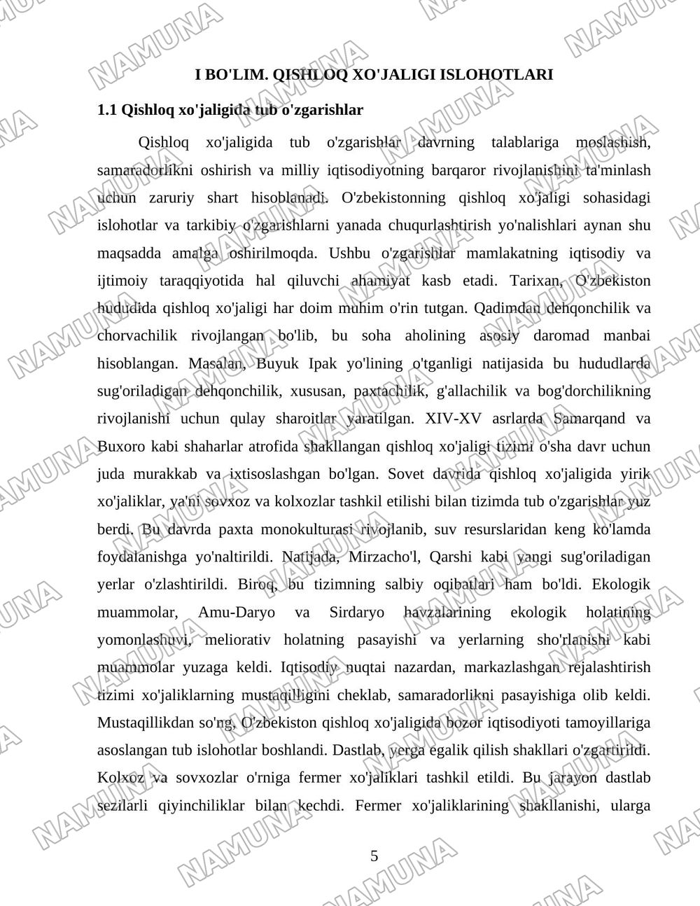O'zbekiston qishloq xo'jaligi soxasidagi islohotlar va tarkibiy o'zgarishlarning yanada chuqurlashtirish yo'nalishlari. — 5-varaq