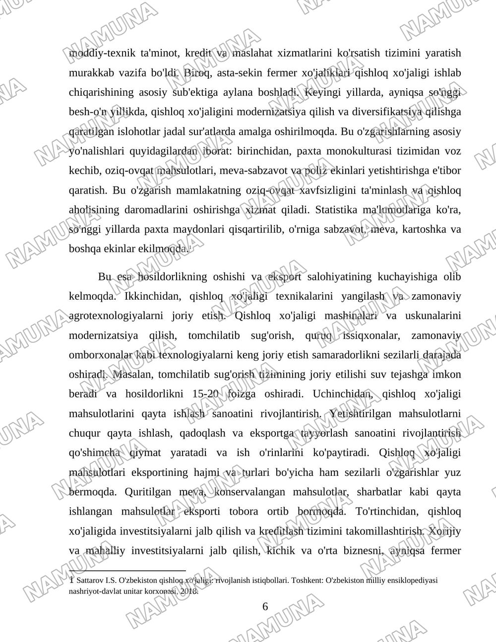 O'zbekiston qishloq xo'jaligi soxasidagi islohotlar va tarkibiy o'zgarishlarning yanada chuqurlashtirish yo'nalishlari. — 6-varaq