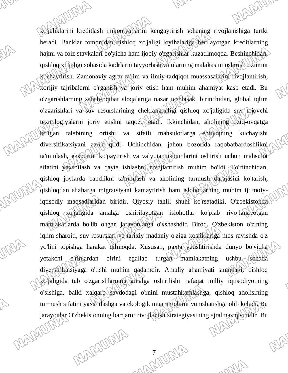 O'zbekiston qishloq xo'jaligi soxasidagi islohotlar va tarkibiy o'zgarishlarning yanada chuqurlashtirish yo'nalishlari. — 7-varaq