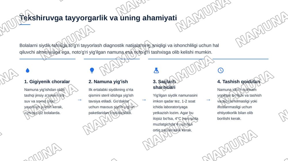 Bolalarda siydik hosil qilish va ajratish
a'zolarini anatomo-fiziologik hususiyatlariga kora tekshirish usullari. Siydik tahlillari
interpretasiyasi — 5-slayd
