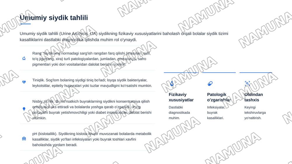Bolalarda siydik hosil qilish va ajratish
a'zolarini anatomo-fiziologik hususiyatlariga kora tekshirish usullari. Siydik tahlillari
interpretasiyasi — 7-slayd