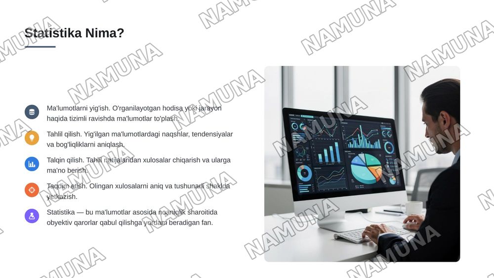 Matematika statistikaning asosiy tushunchalari va formullari — 3-slayd