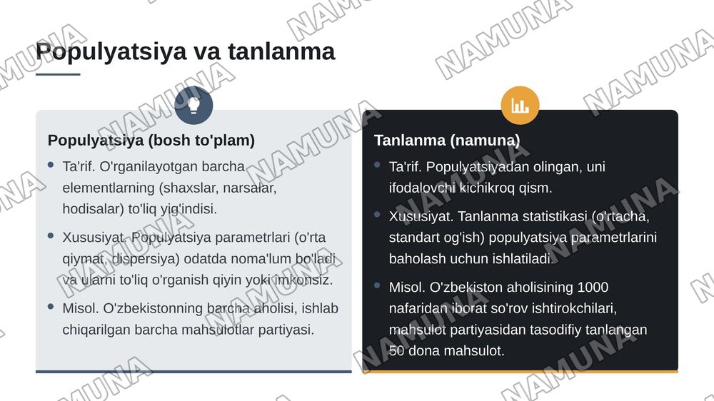 Matematika statistikaning asosiy tushunchalari va formullari — 5-slayd