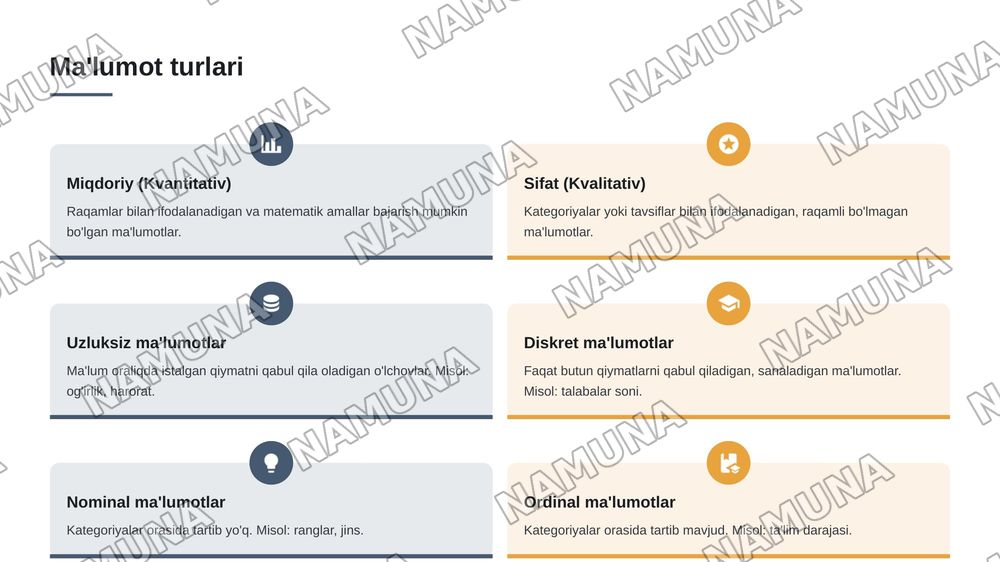 Matematika statistikaning asosiy tushunchalari va formullari — 6-slayd