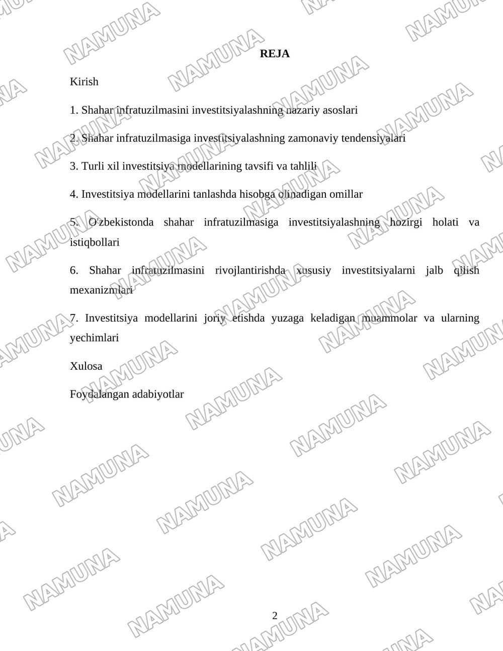 Shahar infratuzilmasi investitsiya modellari — 2-varaq