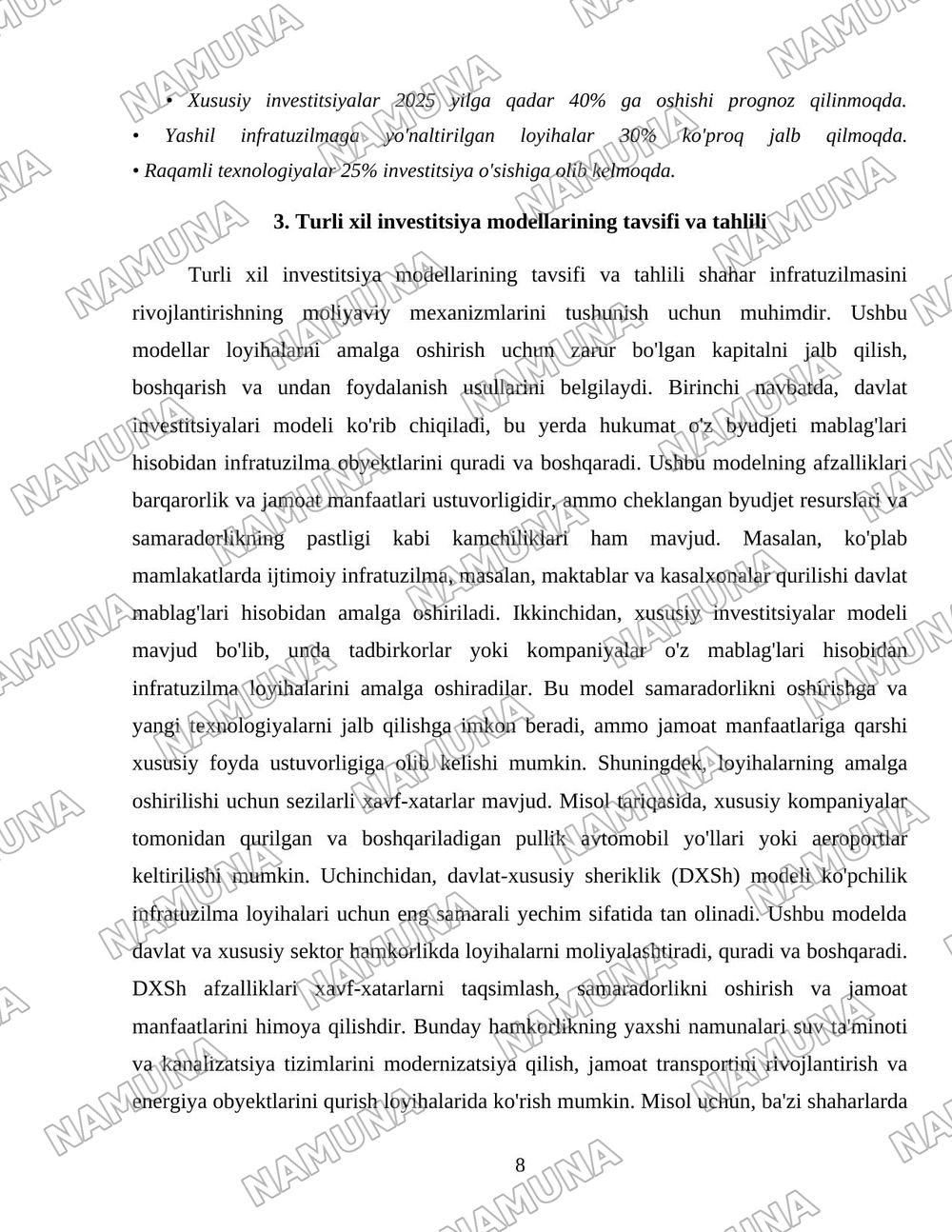 Shahar infratuzilmasi investitsiya modellari — 8-varaq