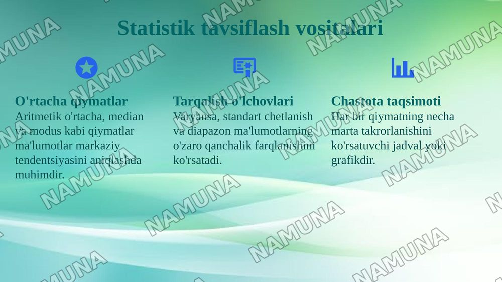 Matematik statistikaning asosiy tushunchalari — 7-slayd