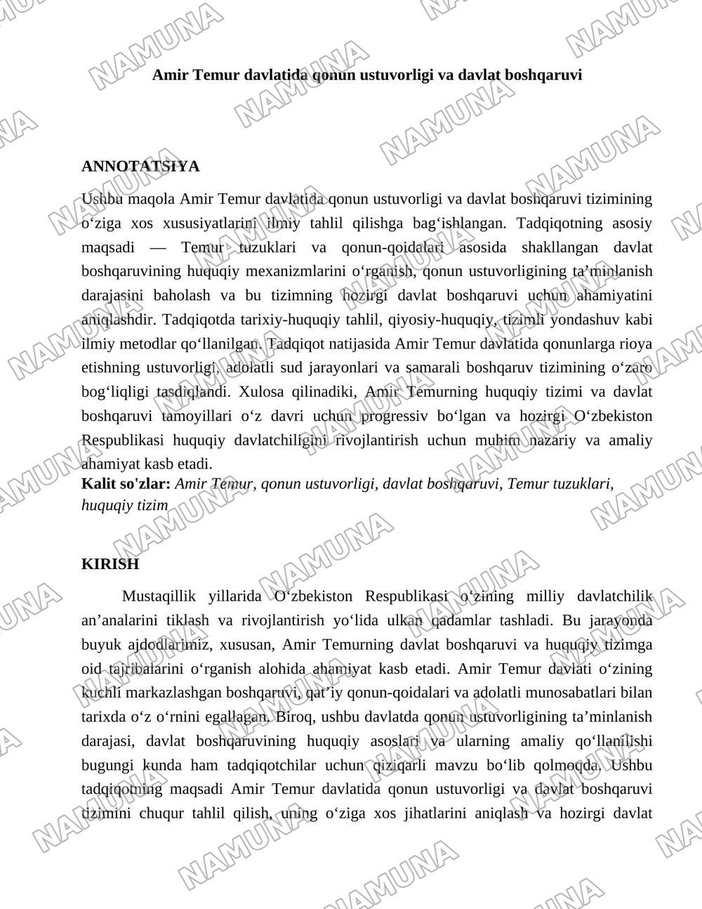 Amir Temur davlatida qonun ustuvorligi va davlat boshqaruvi» — 1-varaq