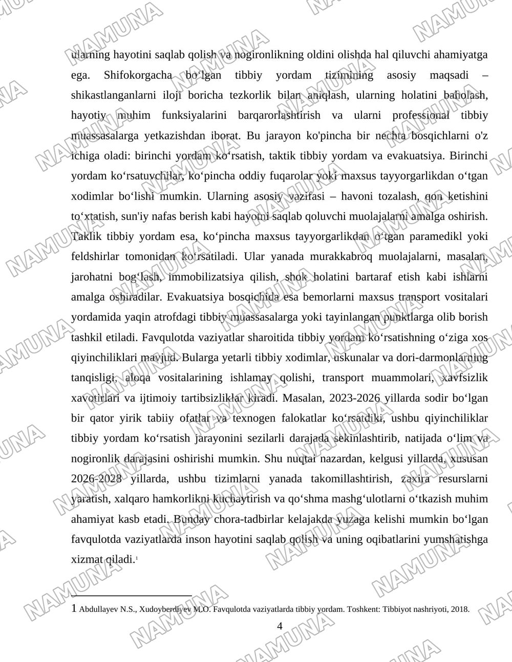 Favqulotda vaziyatlarda shikastlanganlarga shifokorgacha boʻlgan tez tibbiy yordam koʻrsatishni tashkil etish — 4-varaq