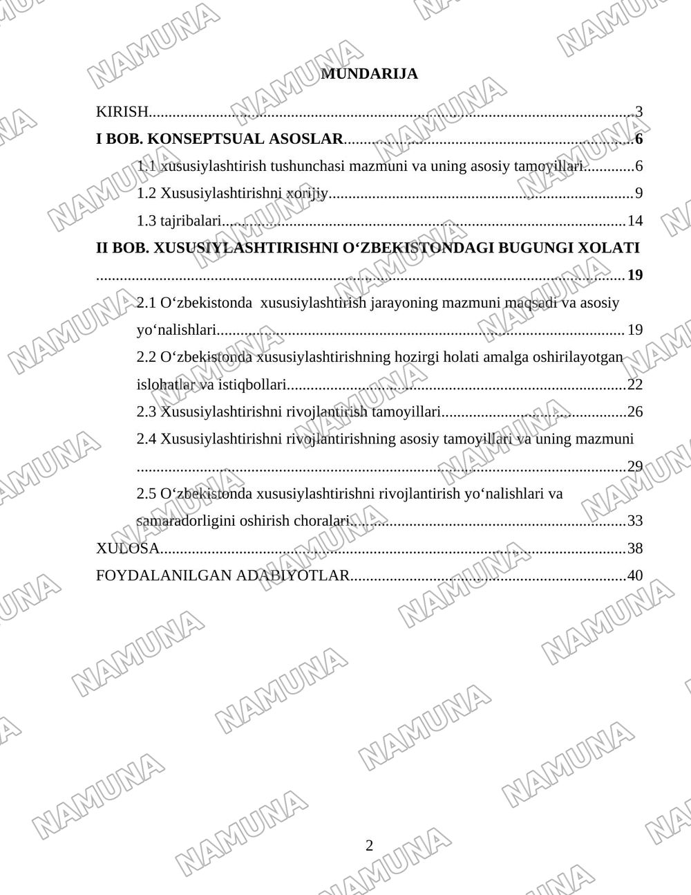 Oʻzbekistonda mulkni davlat tasarufidan chiqarish va xususiylashtirishning hozirgi zamondagi xususiyatlari asosiy shakillari va usullari. — 2-varaq