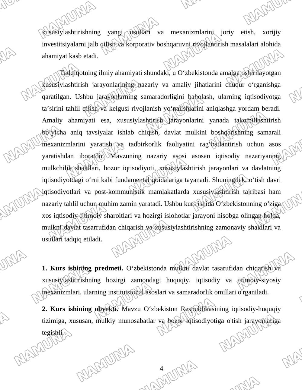Oʻzbekistonda mulkni davlat tasarufidan chiqarish va xususiylashtirishning hozirgi zamondagi xususiyatlari asosiy shakillari va usullari. — 4-varaq