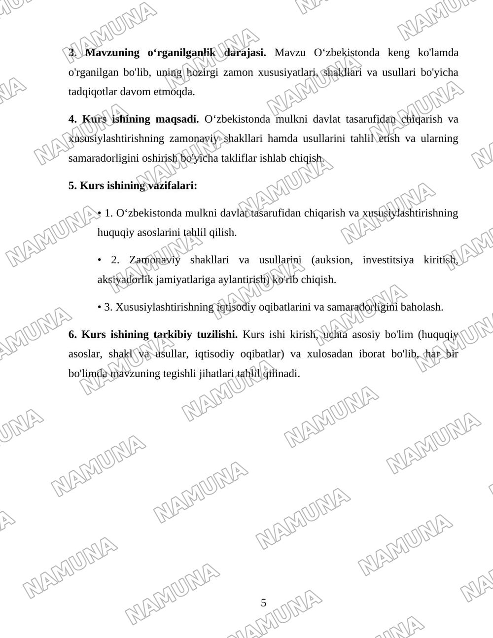 Oʻzbekistonda mulkni davlat tasarufidan chiqarish va xususiylashtirishning hozirgi zamondagi xususiyatlari asosiy shakillari va usullari. — 5-varaq