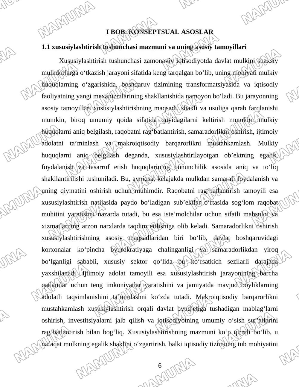 Oʻzbekistonda mulkni davlat tasarufidan chiqarish va xususiylashtirishning hozirgi zamondagi xususiyatlari asosiy shakillari va usullari. — 6-varaq