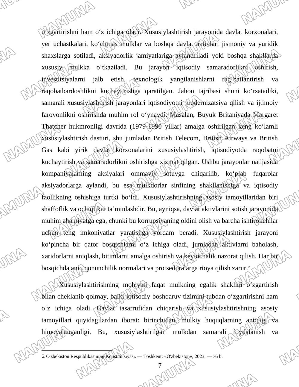Oʻzbekistonda mulkni davlat tasarufidan chiqarish va xususiylashtirishning hozirgi zamondagi xususiyatlari asosiy shakillari va usullari. — 7-varaq