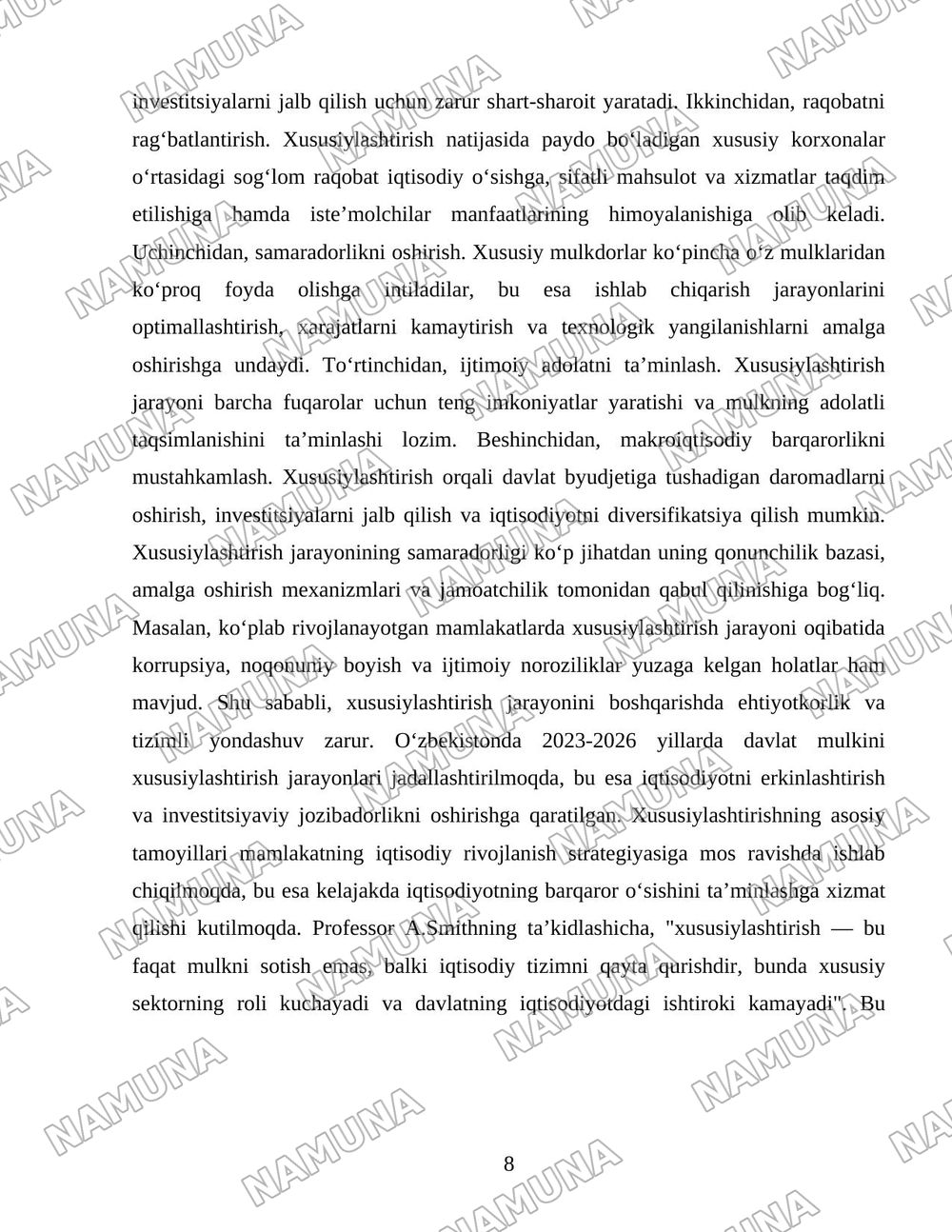 Oʻzbekistonda mulkni davlat tasarufidan chiqarish va xususiylashtirishning hozirgi zamondagi xususiyatlari asosiy shakillari va usullari. — 8-varaq