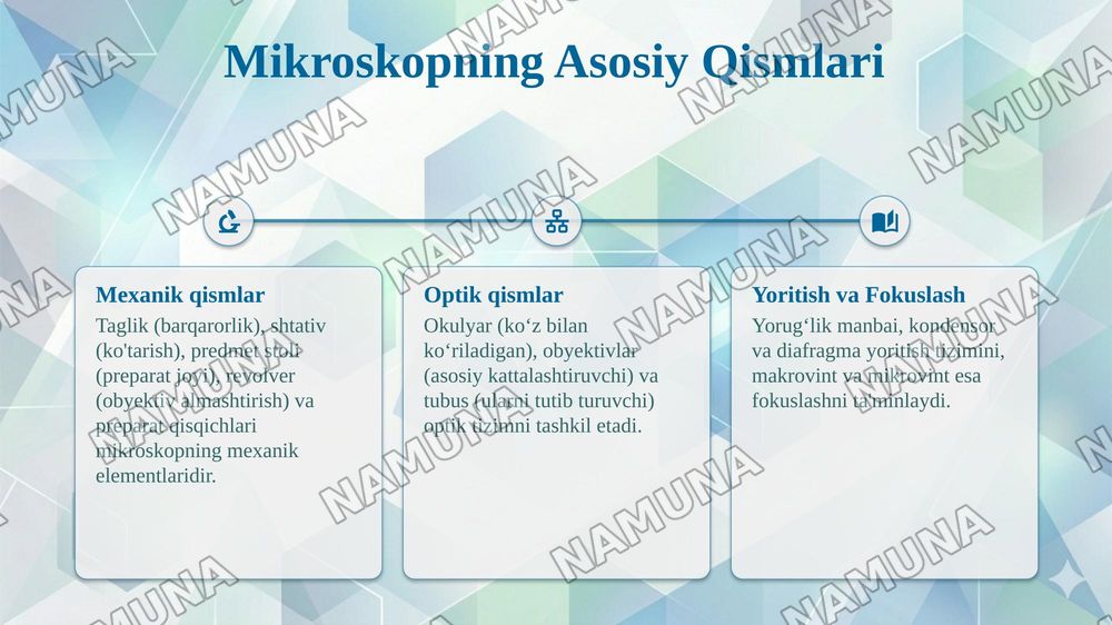 "Mikroskop. Mikroskop bilan ishlash qoidasi, vaqtinchalik preparat tayyorlash" mavzusi
Boymurodova Nigora
O'quvchilar uchun dars o'tishga moslashgan, tushunarli mazmunli, qiziqarli turli xil rasmlarga ega bo'lgan rangli va bezakli, 10 dan ortiq lest bolsin, juda ham chiroyli bo'lishi kerak — 5-slayd