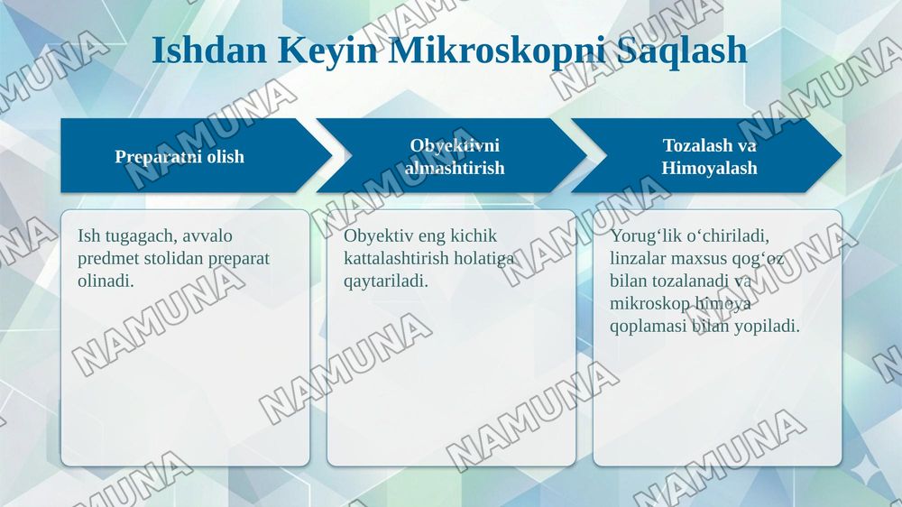 "Mikroskop. Mikroskop bilan ishlash qoidasi, vaqtinchalik preparat tayyorlash" mavzusi
Boymurodova Nigora
O'quvchilar uchun dars o'tishga moslashgan, tushunarli mazmunli, qiziqarli turli xil rasmlarga ega bo'lgan rangli va bezakli, 10 dan ortiq lest bolsin, juda ham chiroyli bo'lishi kerak — 8-slayd