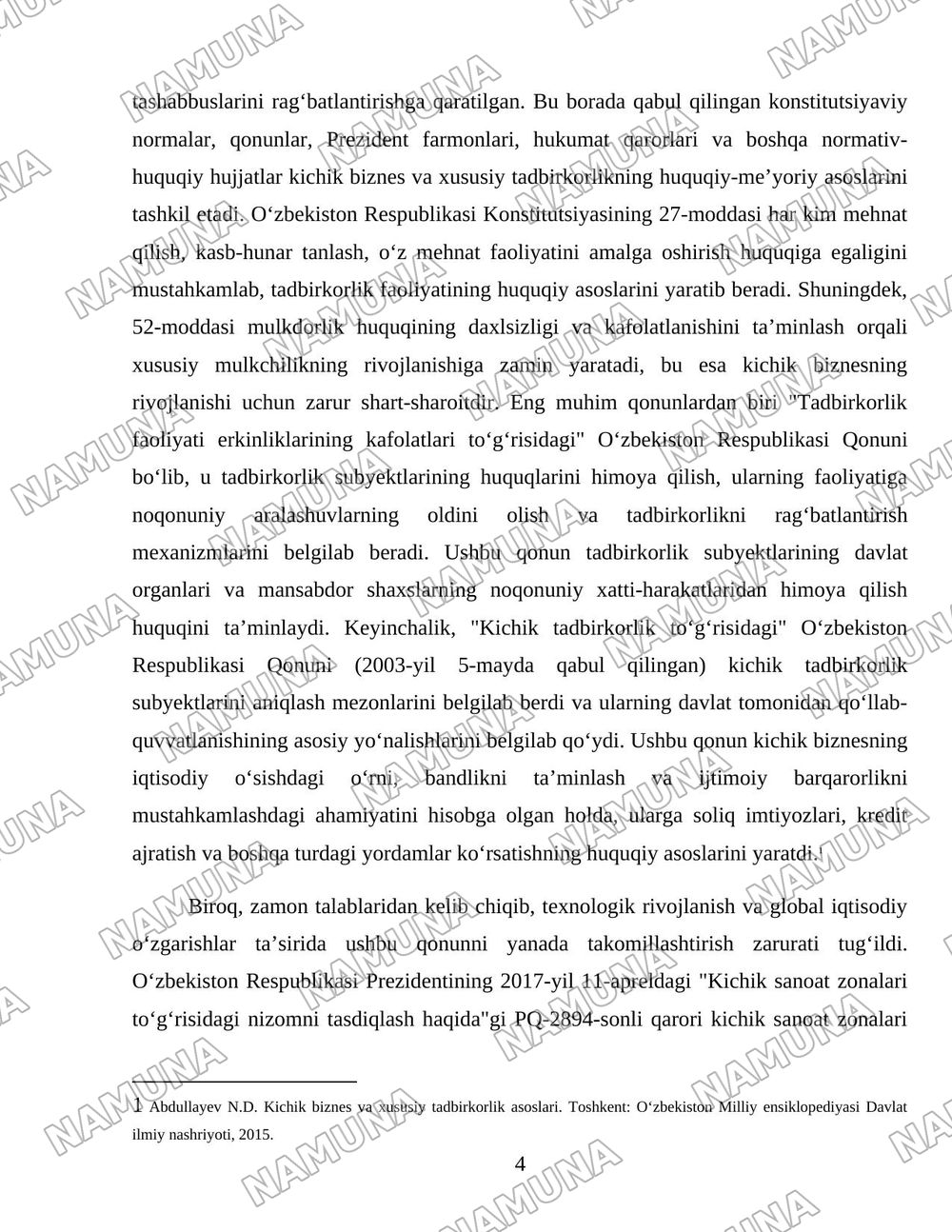 Kichik biznes va xususiy tadbirkorlikning rivojlanishini davlat tomonidan qo‘llab-quvvatlash siyosatining yo‘nalishlari. — 4-varaq