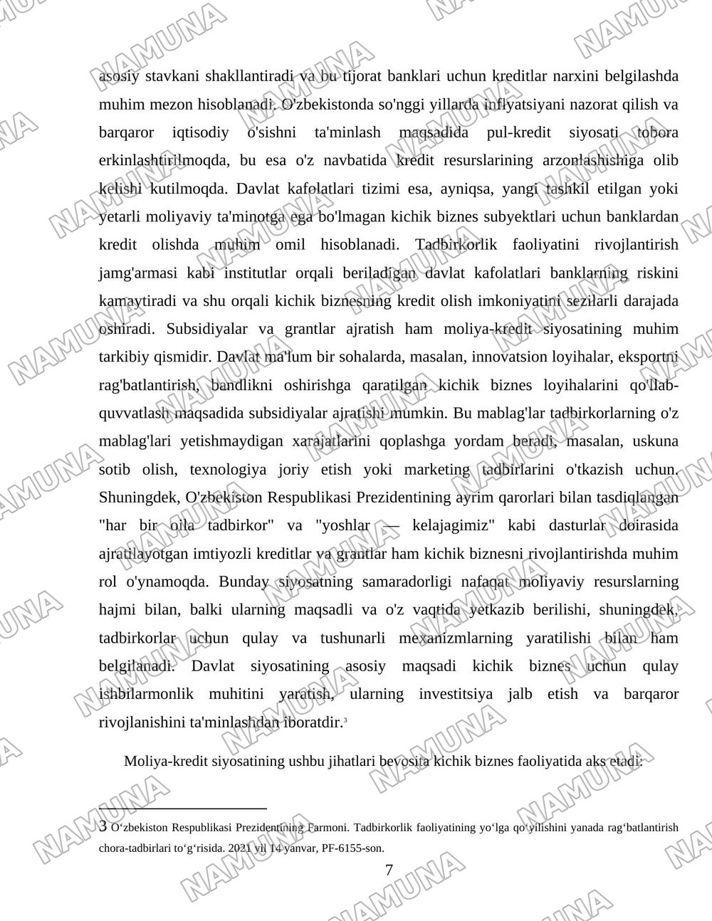 Kichik biznes va xususiy tadbirkorlikning rivojlanishini davlat tomonidan qo‘llab-quvvatlash siyosatining yo‘nalishlari. — 7-varaq